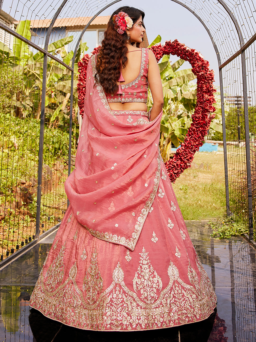 Pink colour Orange with Sequinse & Moti embroidery Lehenga choli & Dupatta
