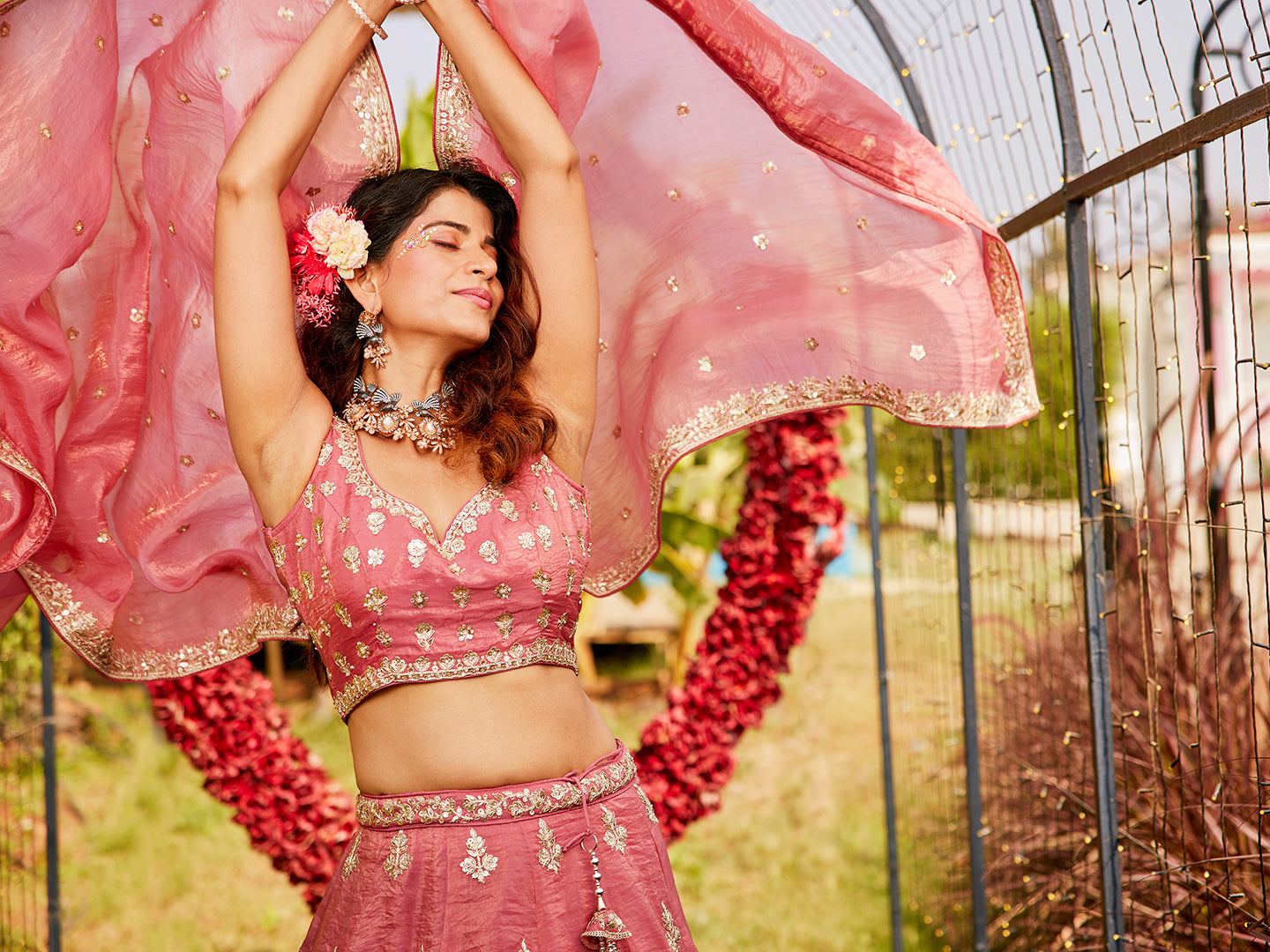 Pink colour Orange with Sequinse & Moti embroidery Lehenga choli & Dupatta