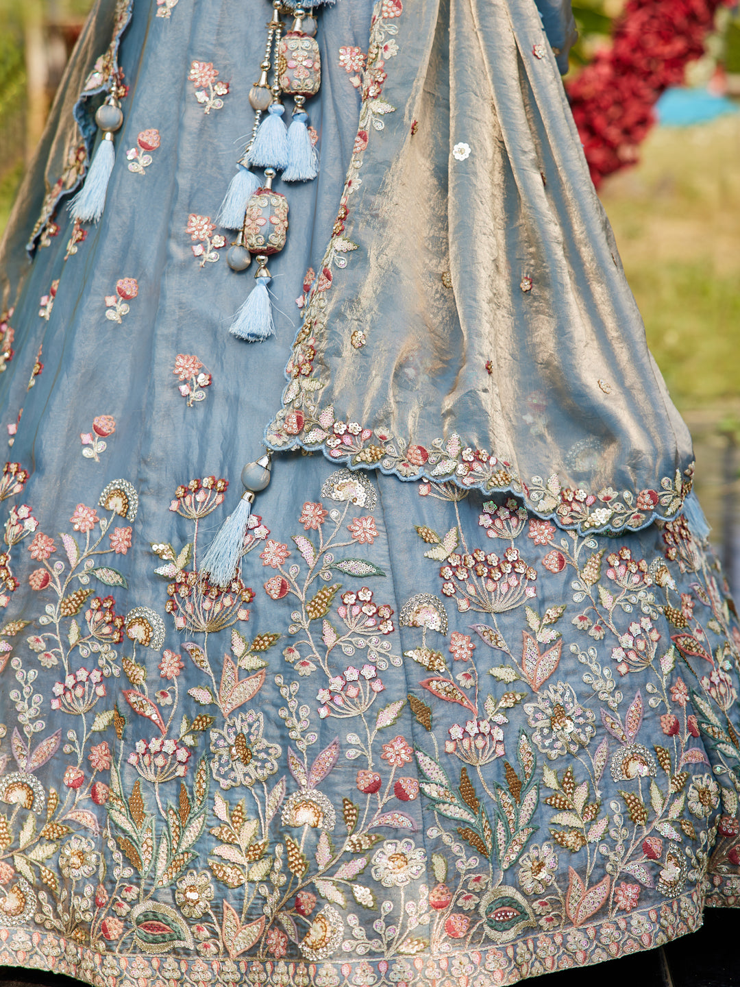 Blue colour Tissue Fabric with Sequinse & Thread embroidery Lehenga choli & Dupatta