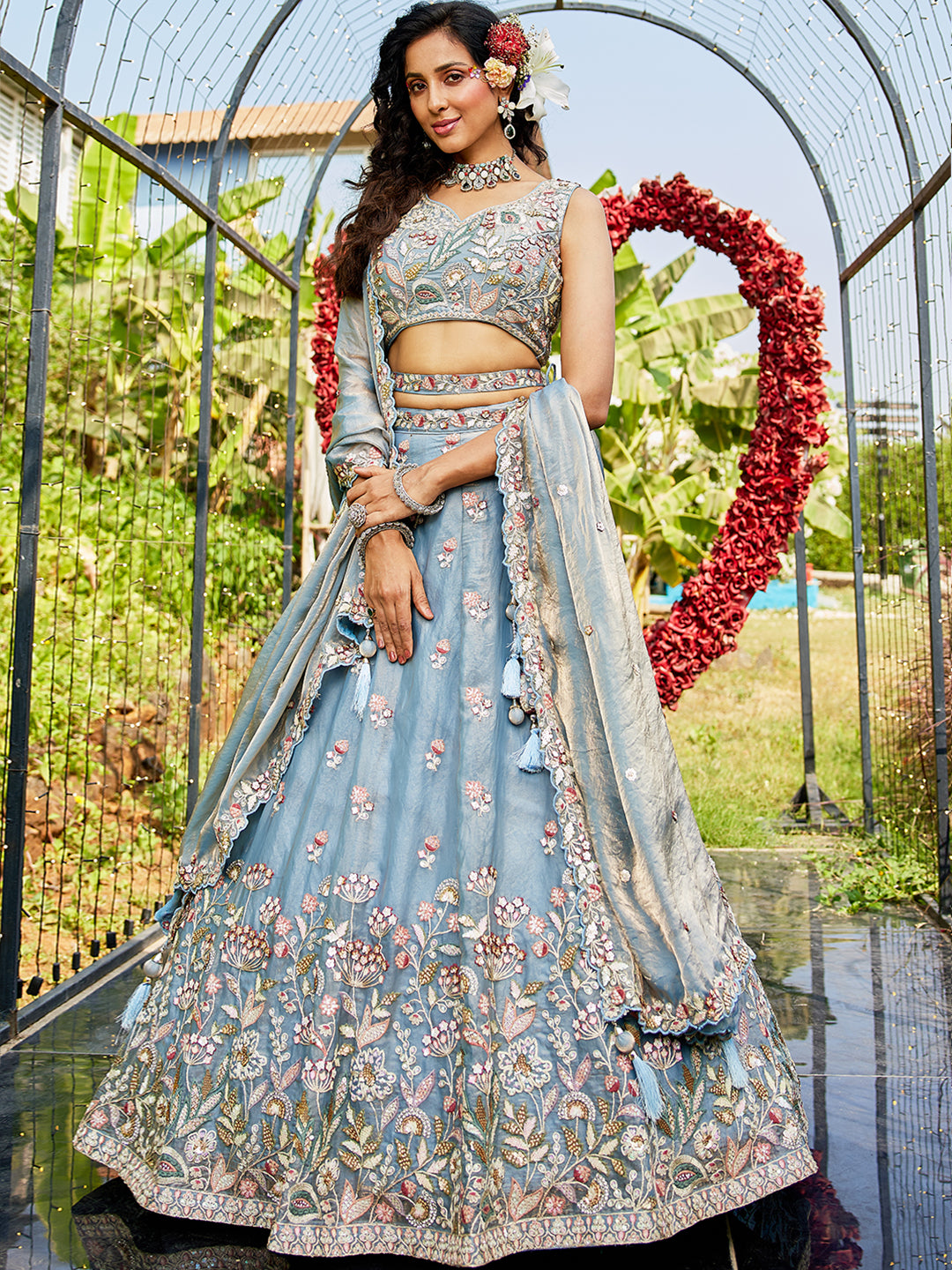 Blue colour Tissue Fabric with Sequinse & Thread embroidery Lehenga choli & Dupatta