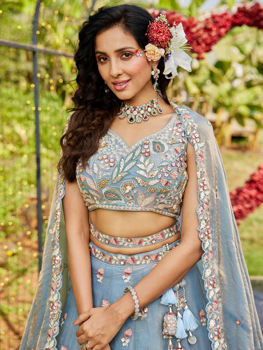 Blue colour Tissue Fabric with Sequinse & Thread embroidery Lehenga choli & Dupatta