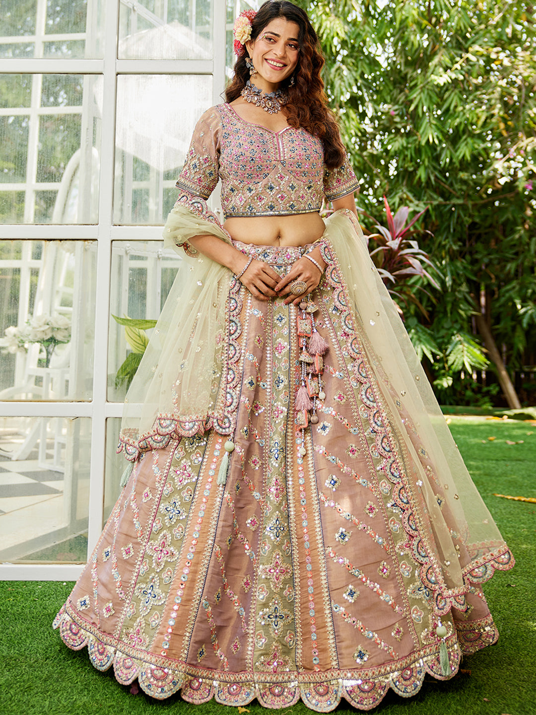 Multi colour Bridel net and Gotapatti & Moti embroidery Lehenga choli & Dupatta