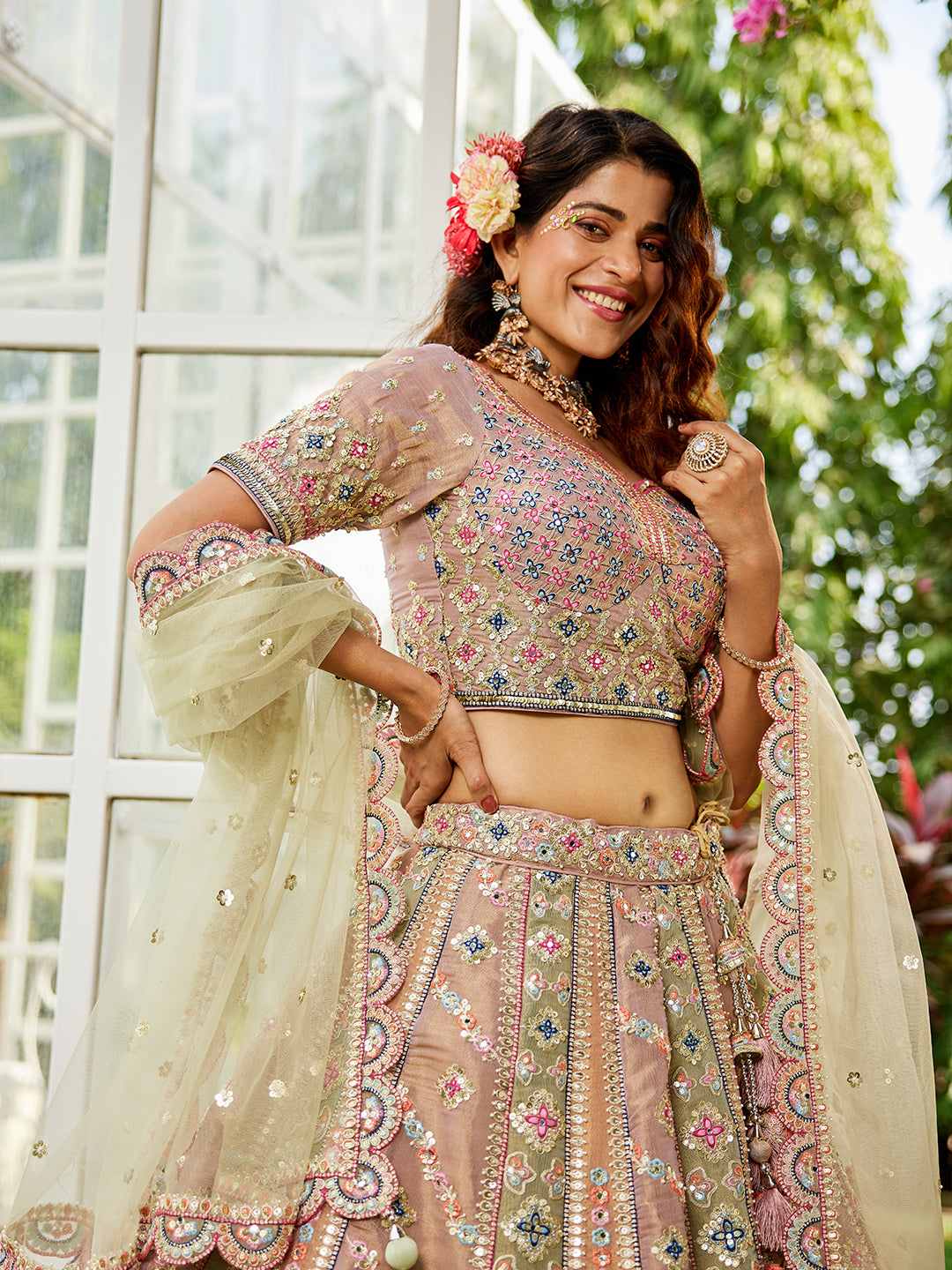 Multi colour Bridel net and Gotapatti & Moti embroidery Lehenga choli & Dupatta