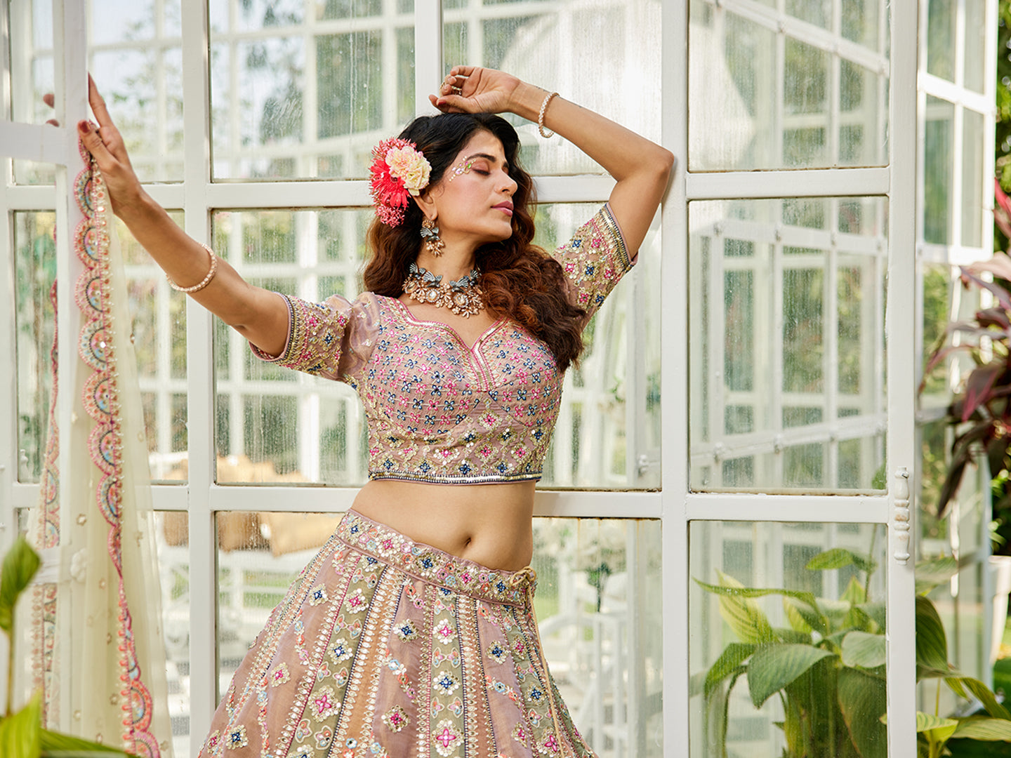 Multi colour Bridel net and Gotapatti & Moti embroidery Lehenga choli & Dupatta