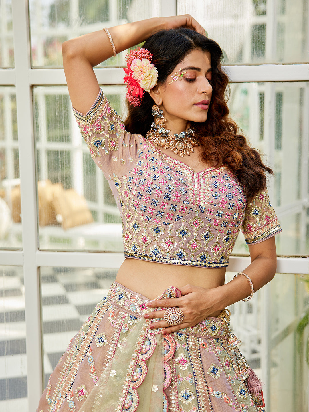Multi colour Bridel net and Gotapatti & Moti embroidery Lehenga choli & Dupatta
