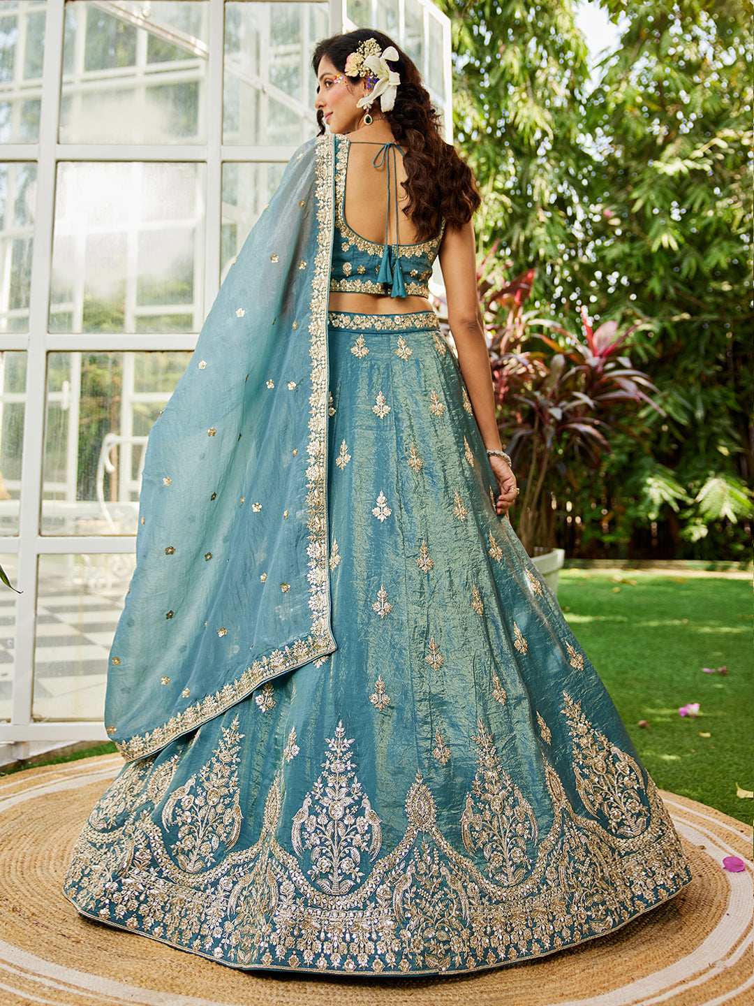 Green colour Orange with Sequinse & Moti embroidery Lehenga choli & Dupatta