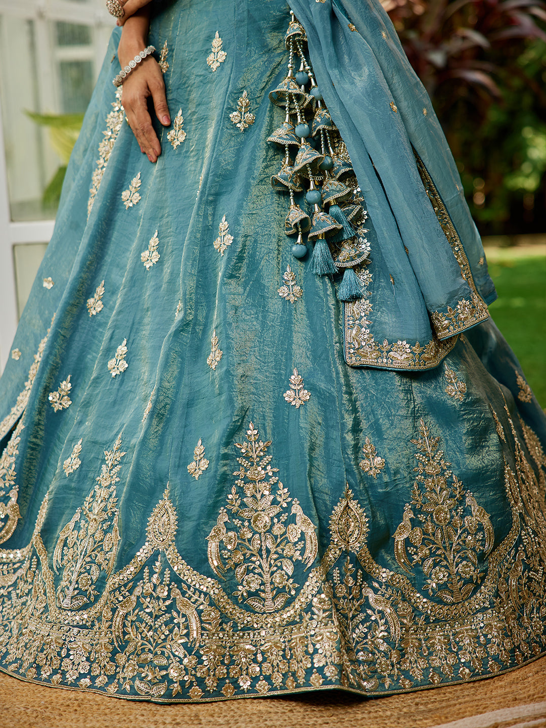 Green colour Orange with Sequinse & Moti embroidery Lehenga choli & Dupatta