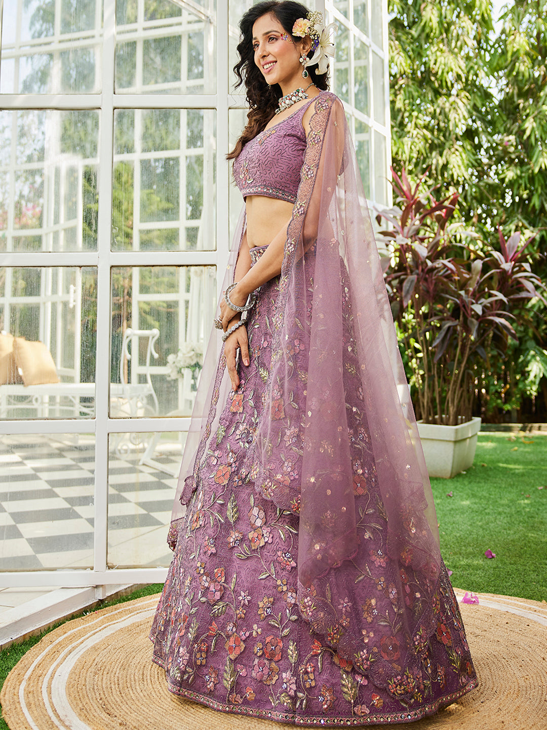 Lavender net with Coding & Zarkan embroidery Lehenga choli & Dupatta