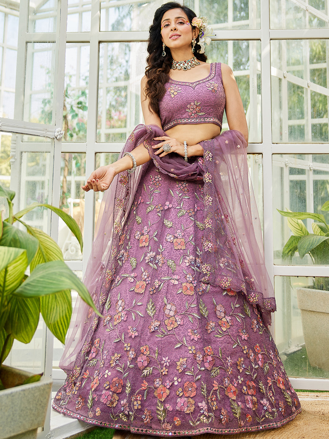 Lavender net with Coding & Zarkan embroidery Lehenga choli & Dupatta