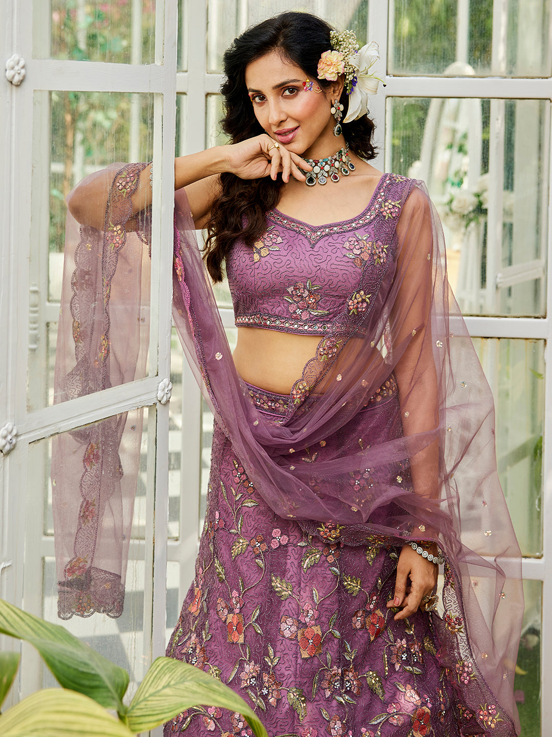 Lavender net with Coding & Zarkan embroidery Lehenga choli & Dupatta