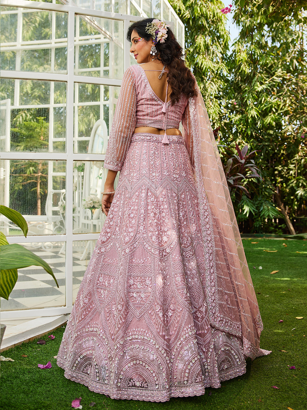Pink net with Beads & Zarkan embroidery Lehenga choli & Dupatta