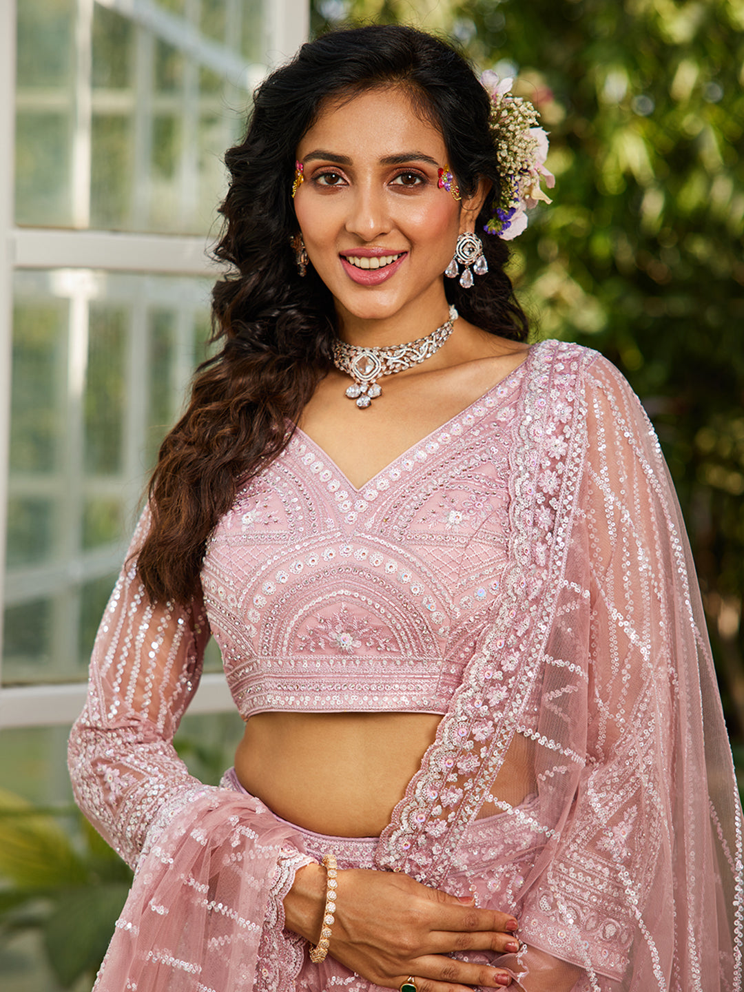 Pink net with Beads & Zarkan embroidery Lehenga choli & Dupatta