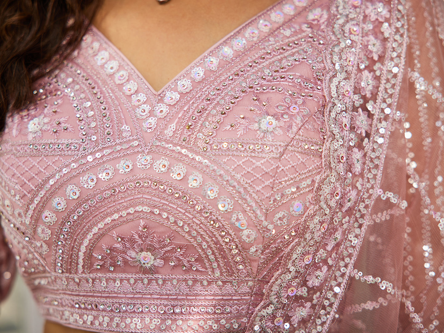 Pink net with Beads & Zarkan embroidery Lehenga choli & Dupatta
