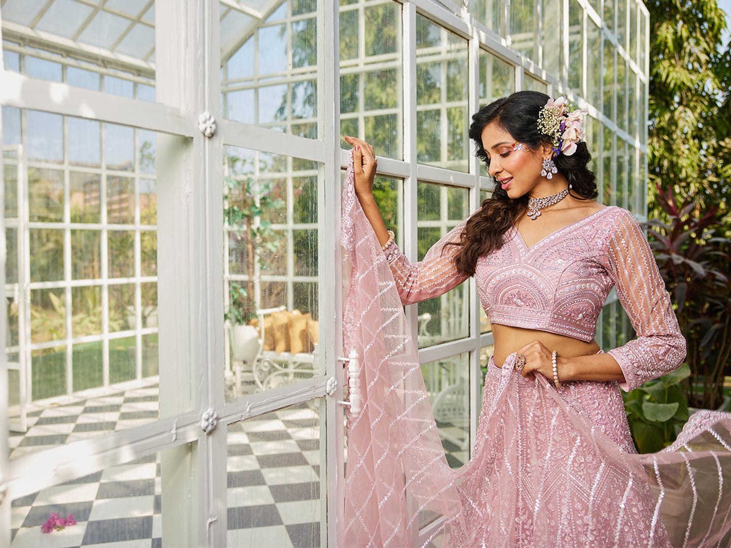 Pink net with Beads & Zarkan embroidery Lehenga choli & Dupatta