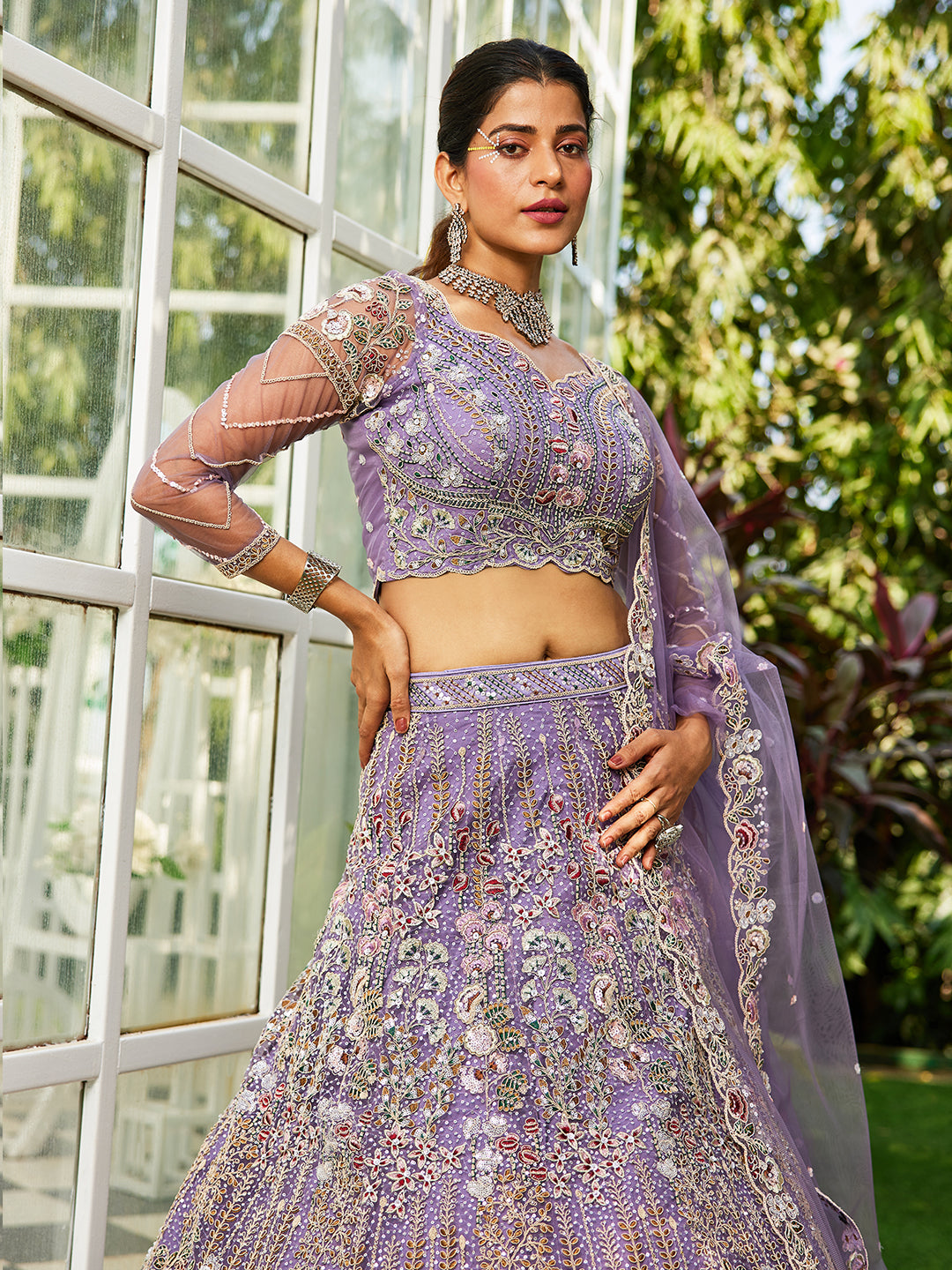 Mauve net and Coding & Zarkan embroidery Lehenga choli & Dupatta