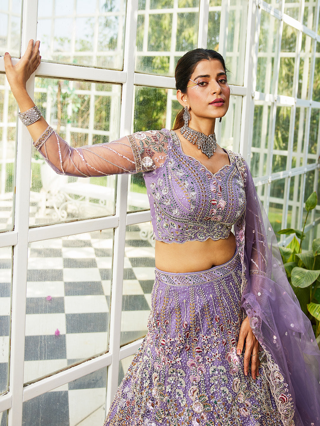 Mauve net and Coding & Zarkan embroidery Lehenga choli & Dupatta