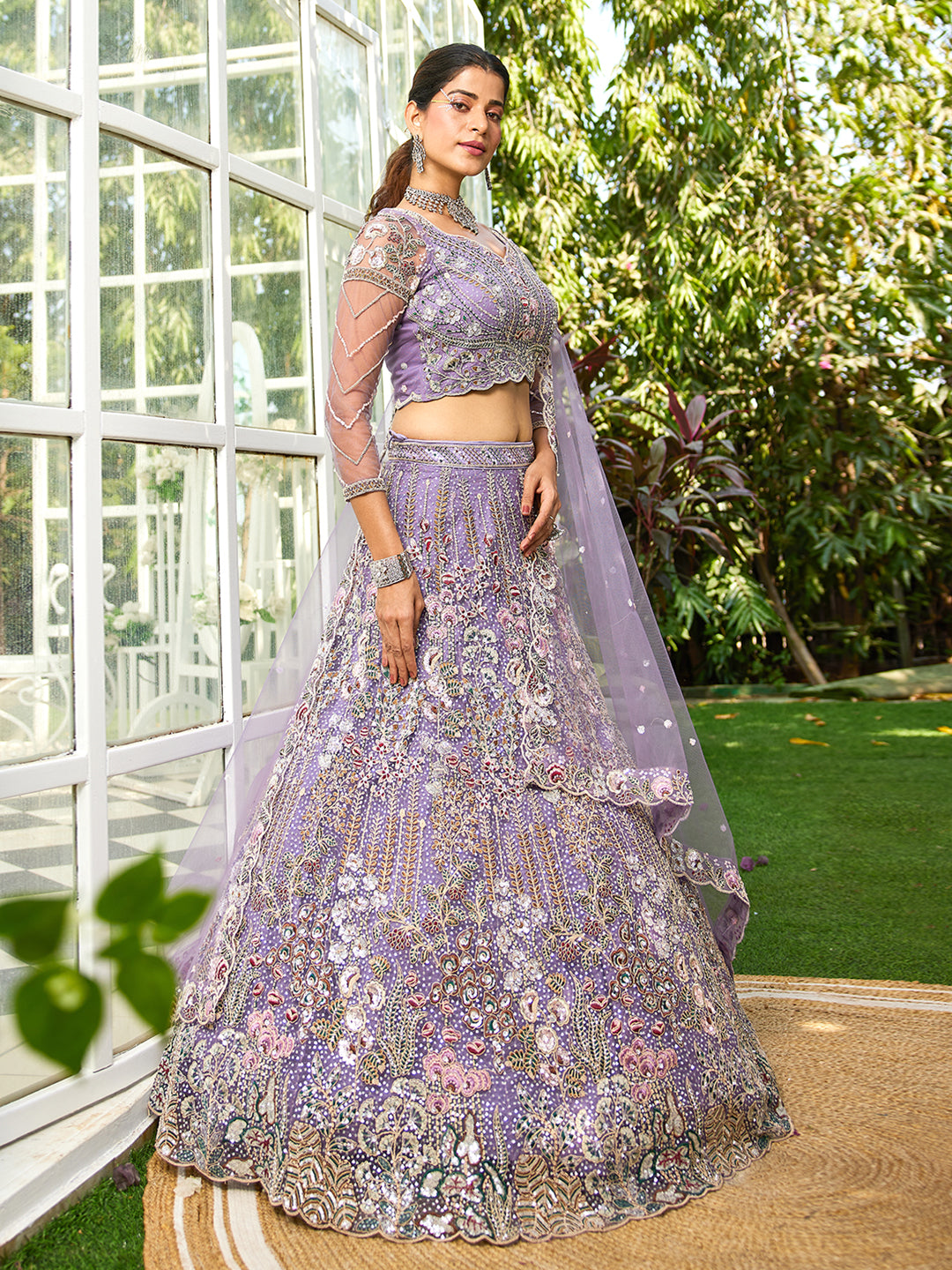 Mauve net and Coding & Zarkan embroidery Lehenga choli & Dupatta