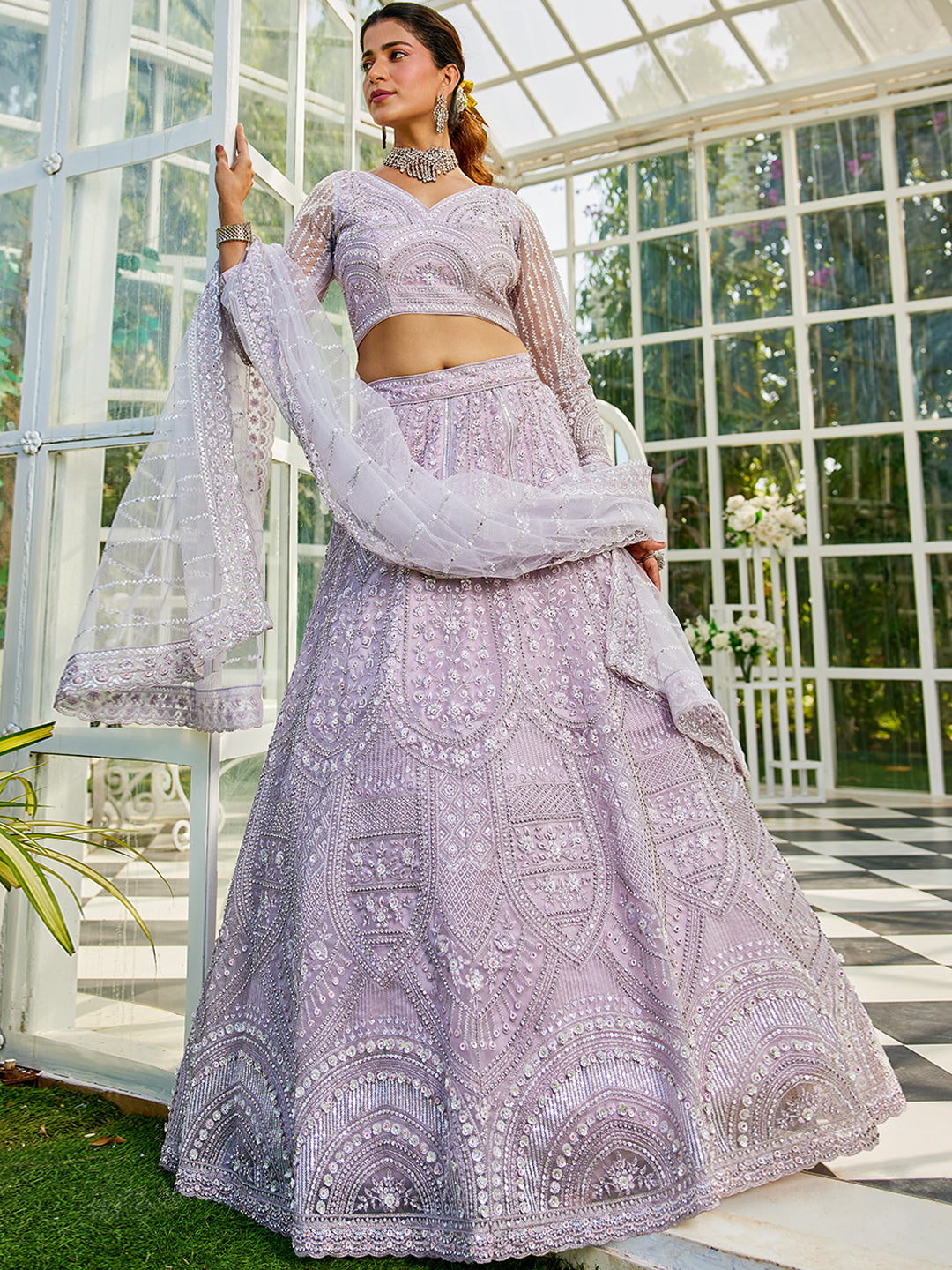 Lavdender net with Beads & Zarkan embroidery Lehenga choli & Dupatta