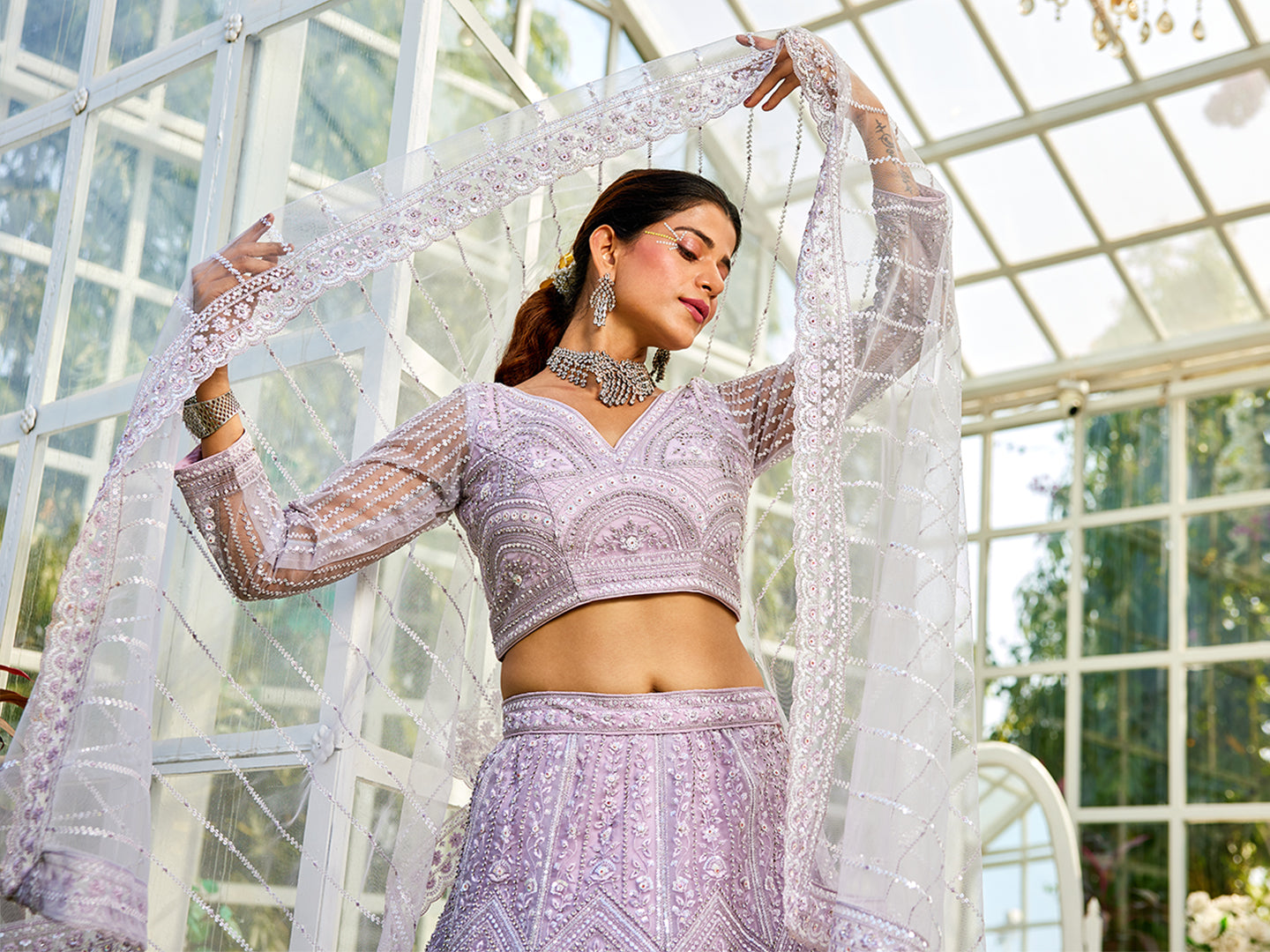 Lavdender net with Beads & Zarkan embroidery Lehenga choli & Dupatta