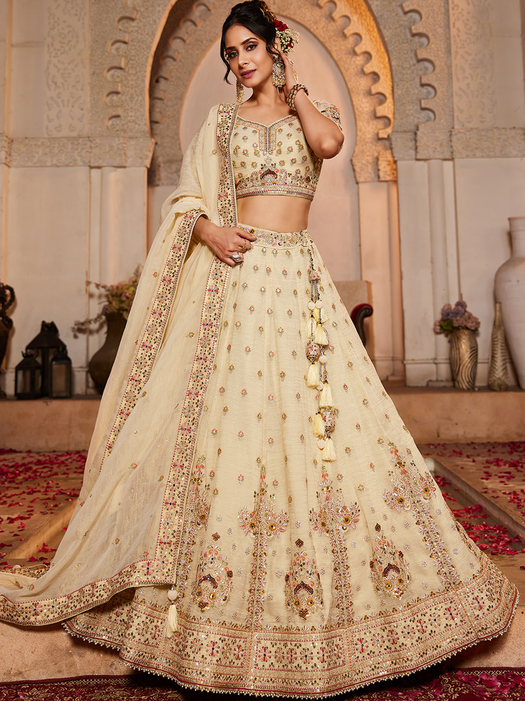 Cream colour Tissue Sequinse embroidery Lehenga