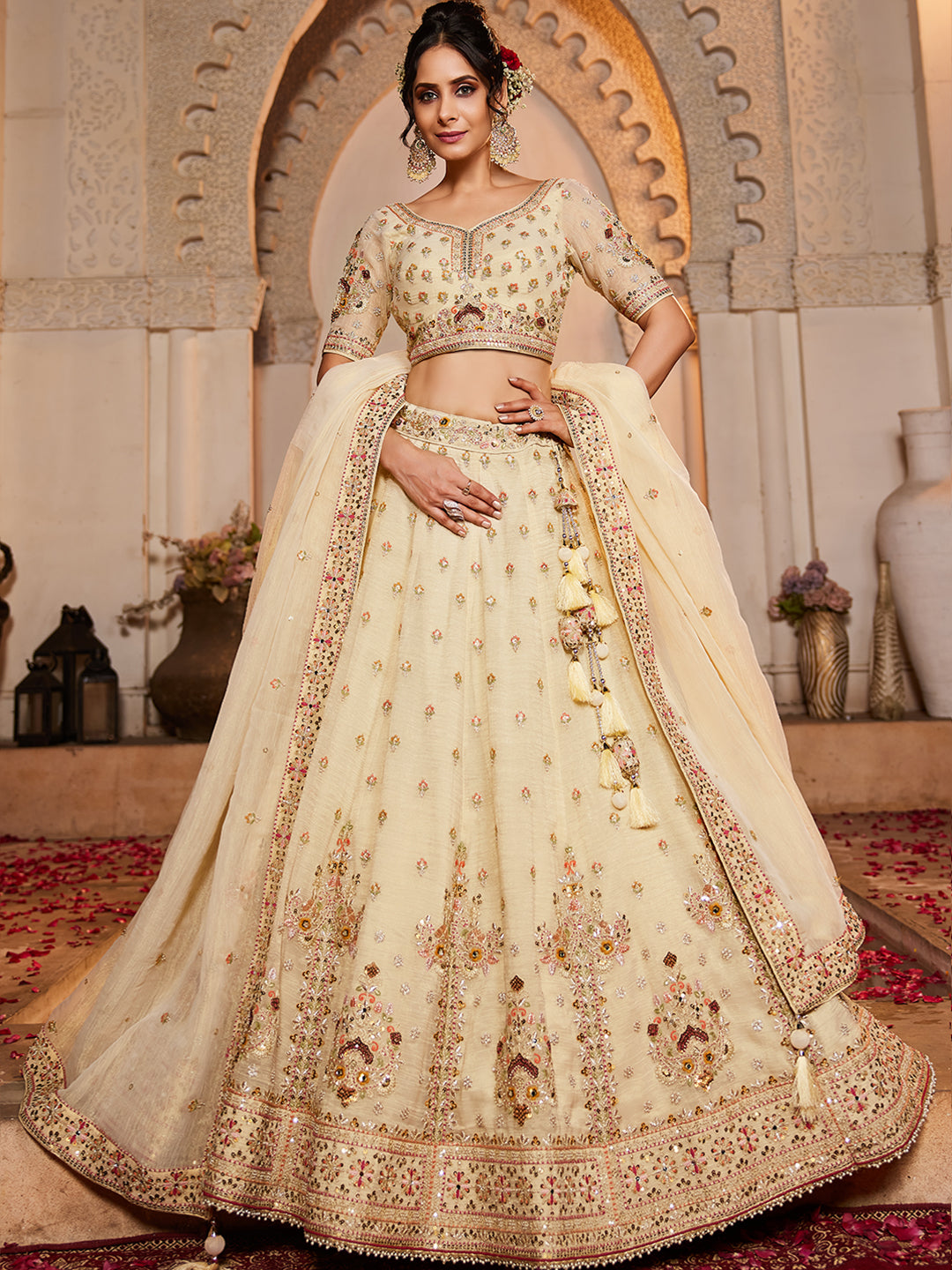 Cream colour Tissue Sequinse embroidery Lehenga