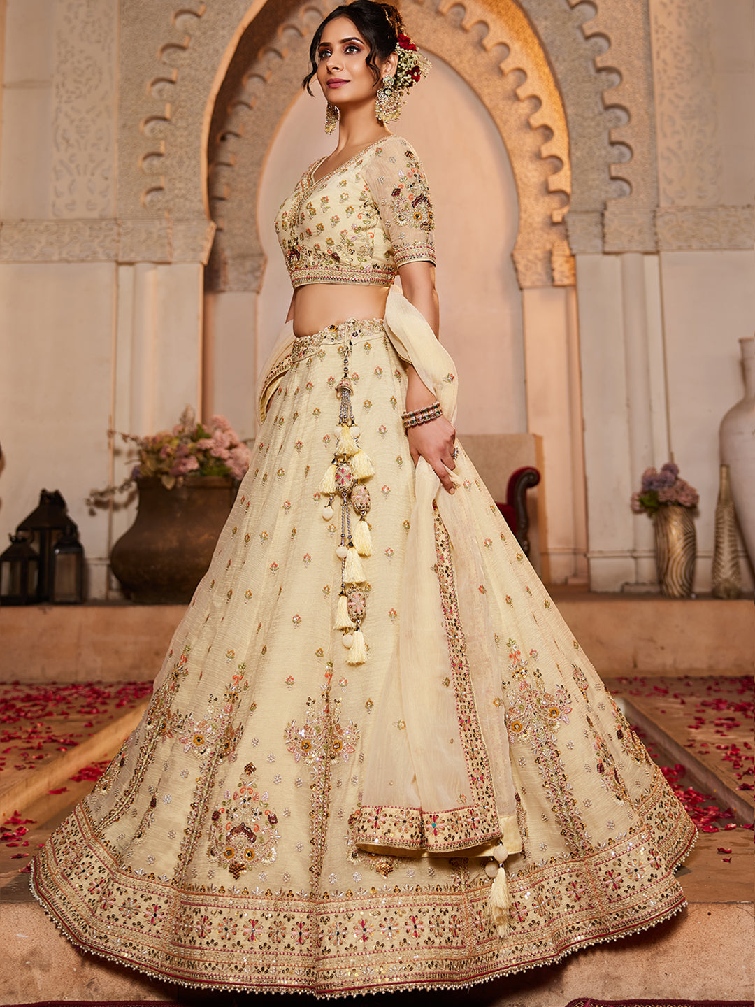 Cream colour Tissue Sequinse embroidery Lehenga