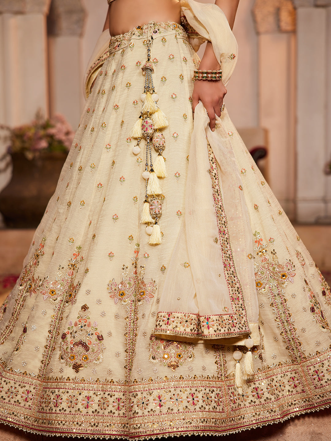 Cream colour Tissue Sequinse embroidery Lehenga