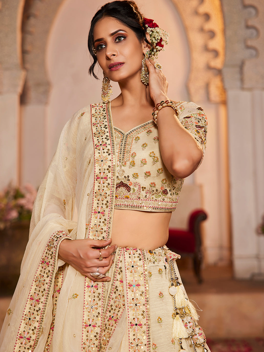 Cream colour Tissue Sequinse embroidery Lehenga