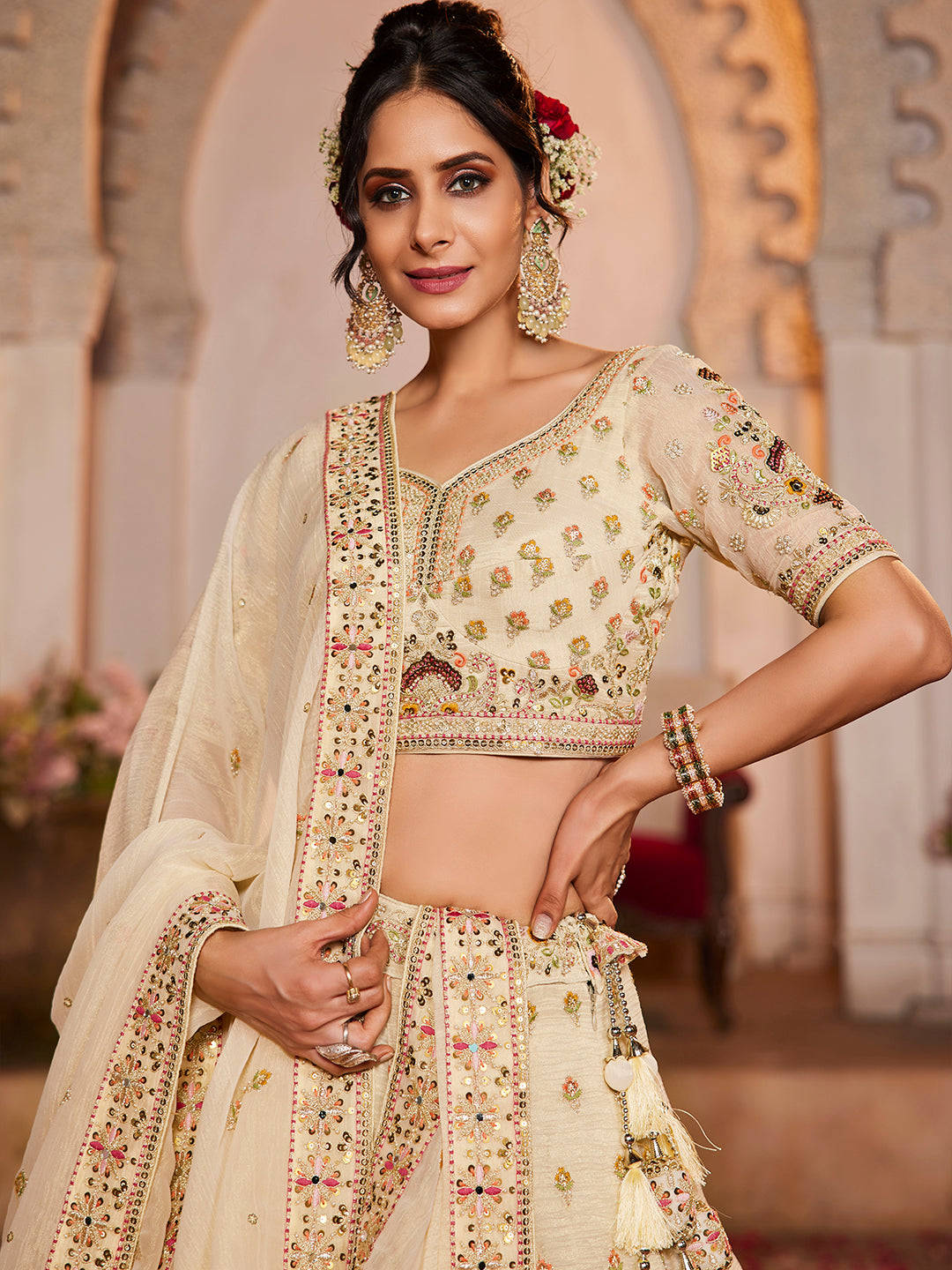 Cream colour Tissue Sequinse embroidery Lehenga