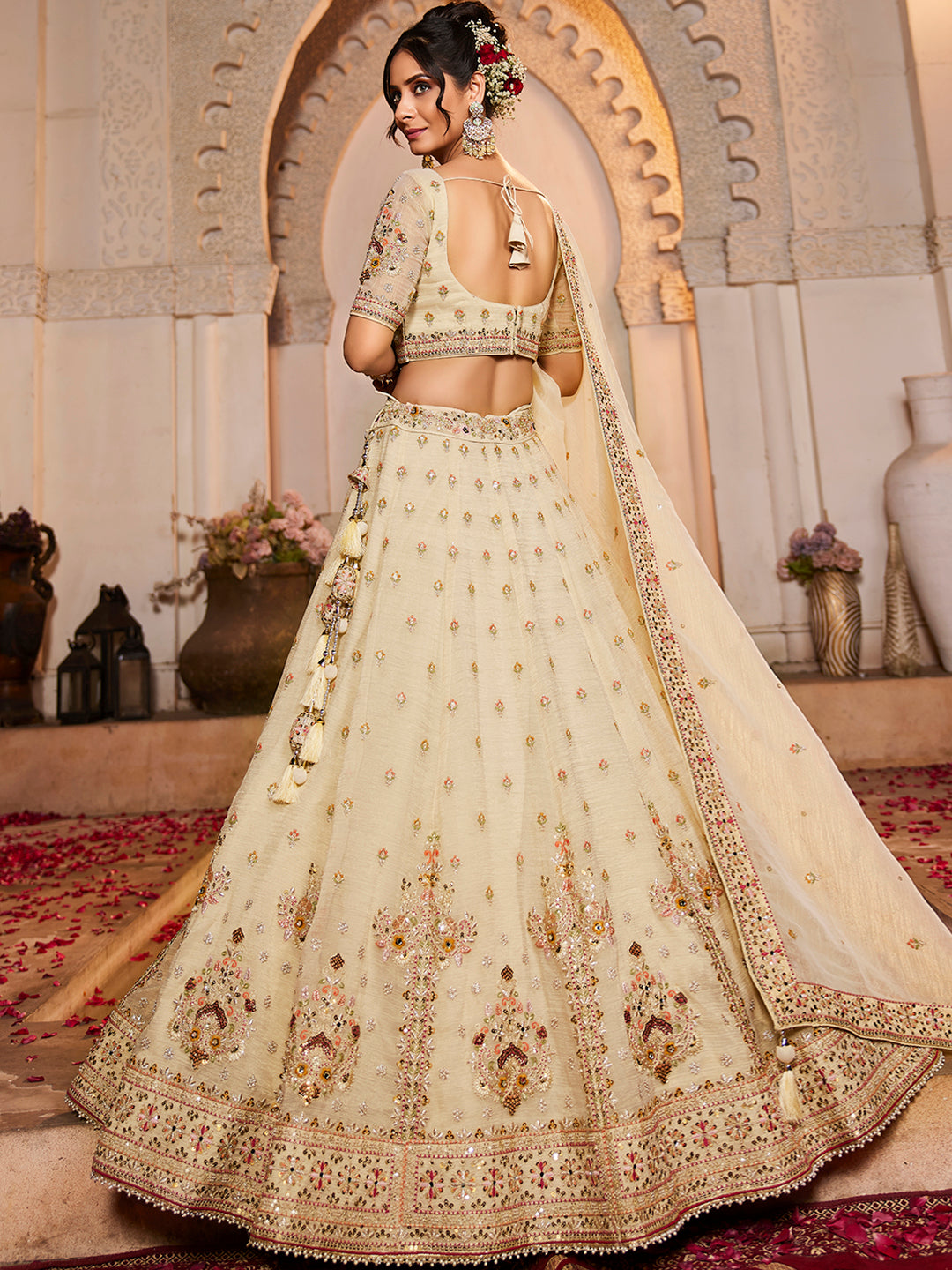 Cream colour Tissue Sequinse embroidery Lehenga