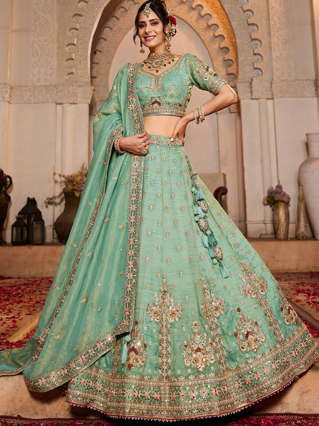 Lime green colour Tissue Sequinse embroidery Lehenga