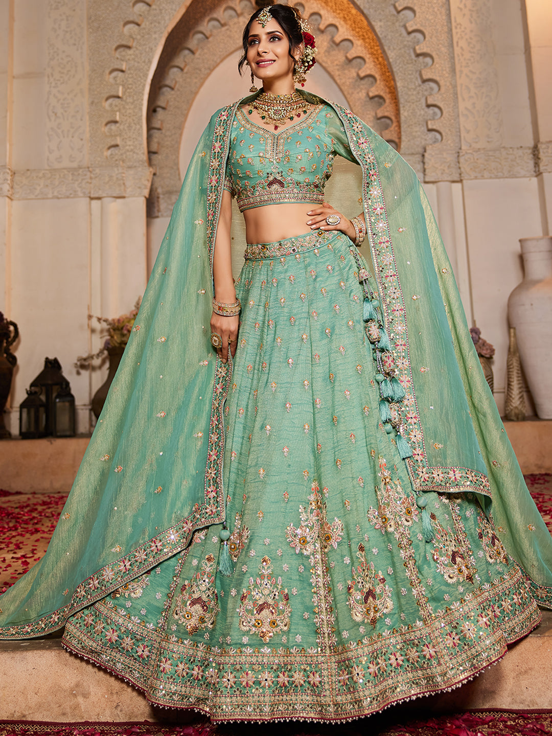 Lime green colour Tissue Sequinse embroidery Lehenga