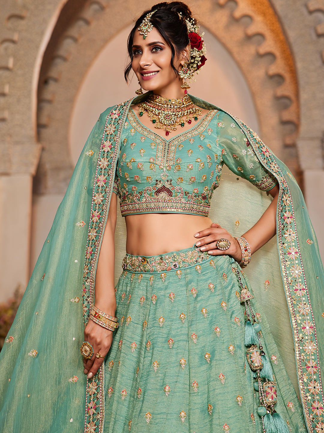Lime green colour Tissue Sequinse embroidery Lehenga