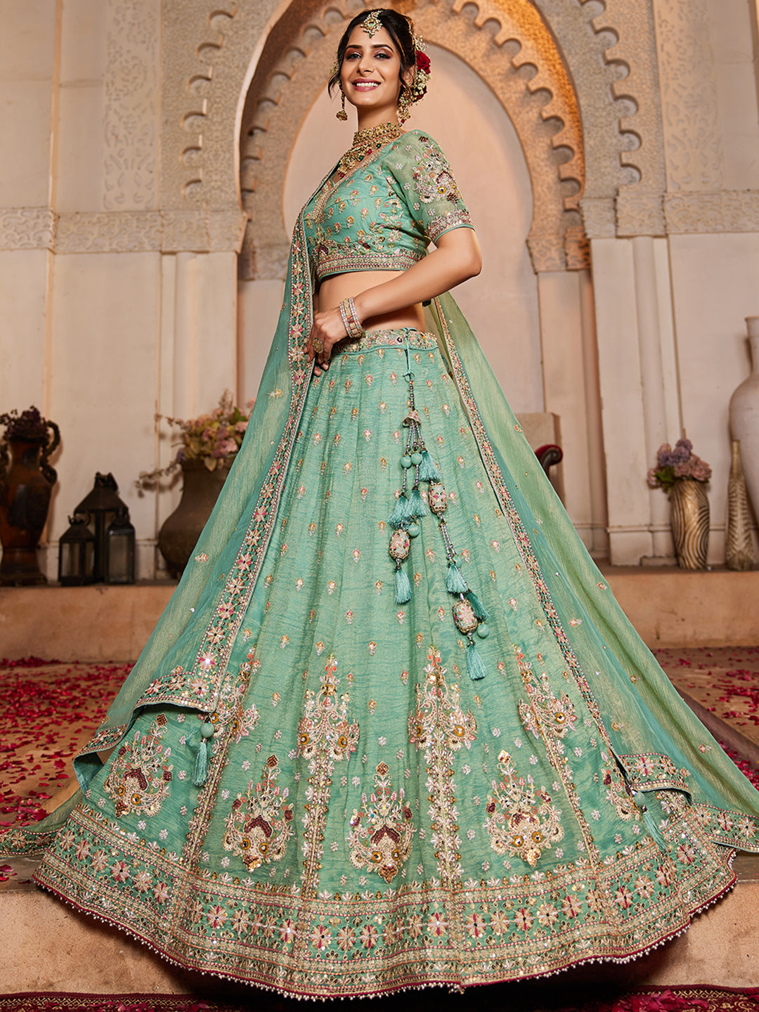Lime green colour Tissue Sequinse embroidery Lehenga