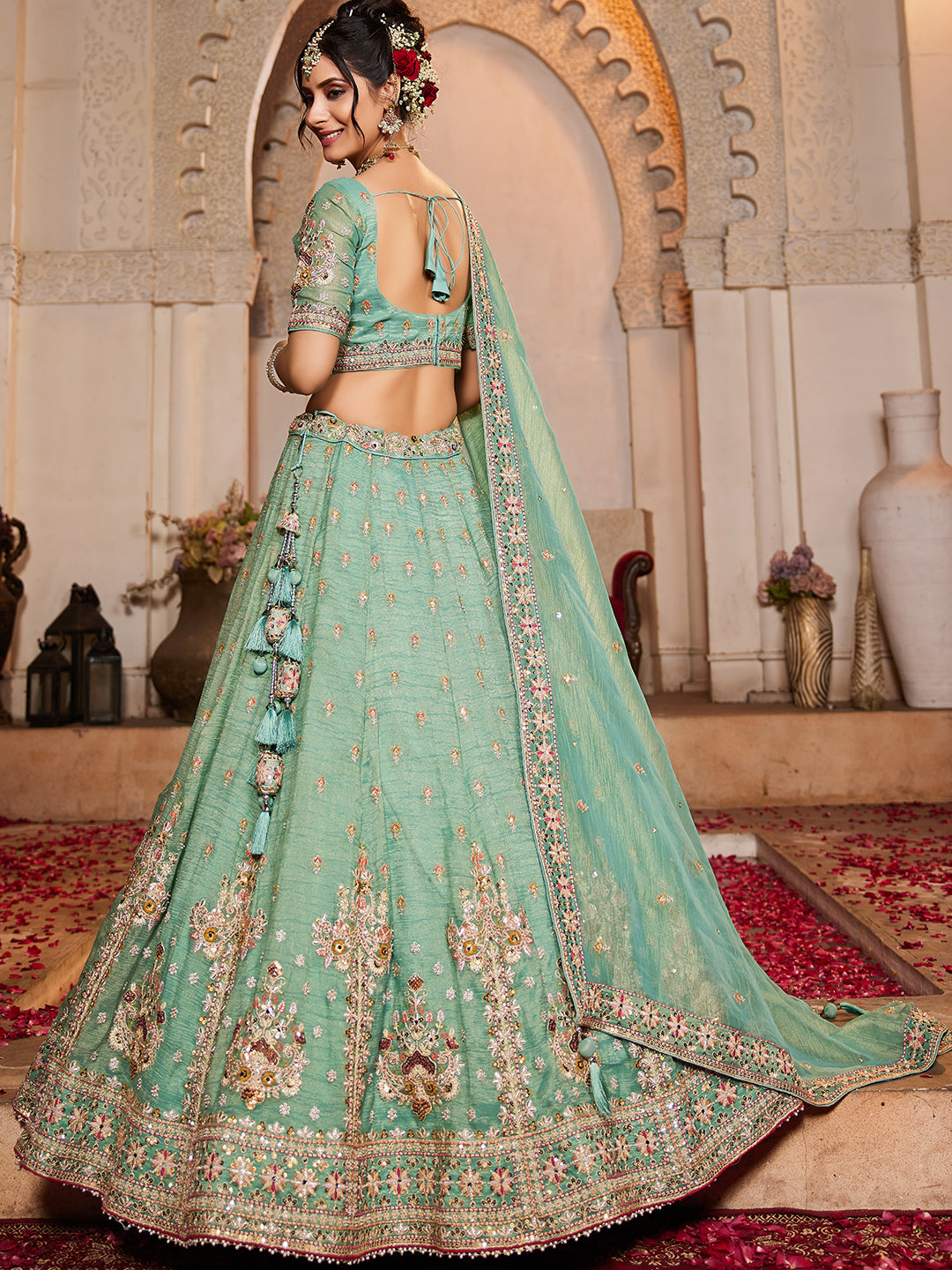 Lime green colour Tissue Sequinse embroidery Lehenga