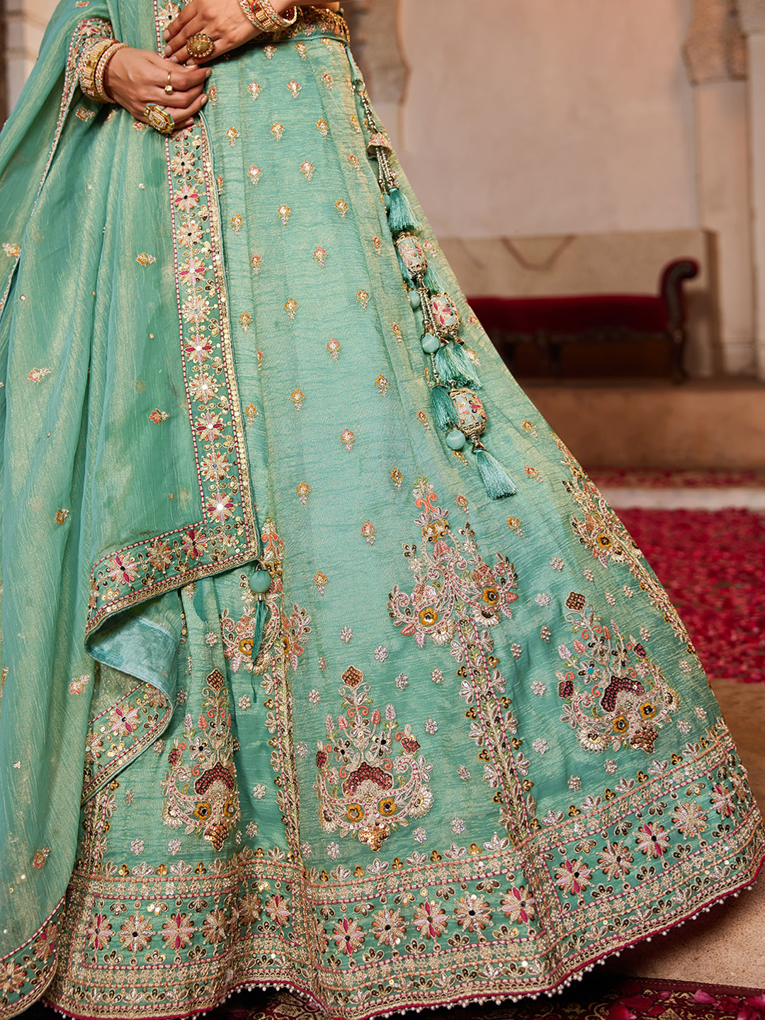 Lime green colour Tissue Sequinse embroidery Lehenga