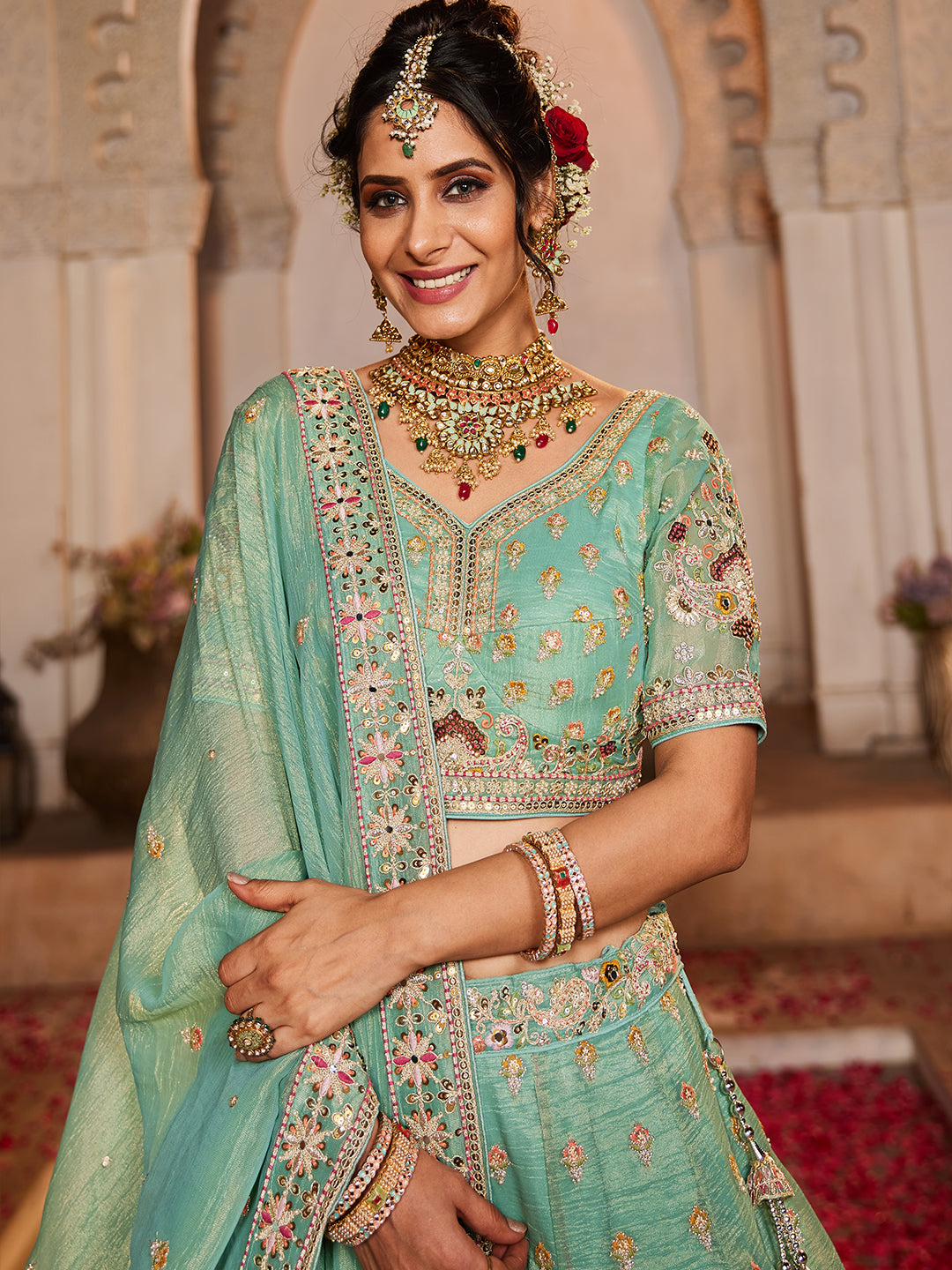 Lime green colour Tissue Sequinse embroidery Lehenga