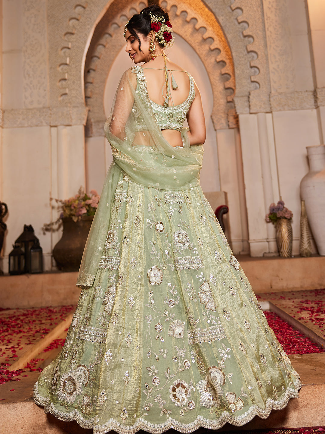Lime Green Tissue Fabric Sequins embroidery Lehenga
