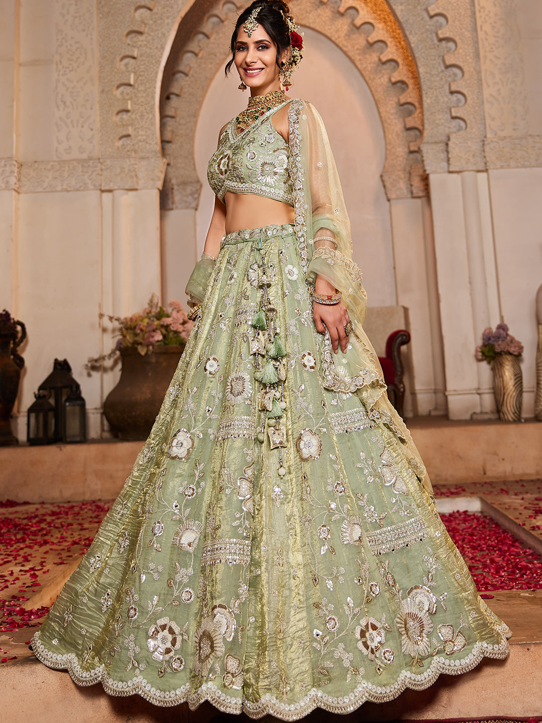 Lime Green Tissue Fabric Sequins embroidery Lehenga
