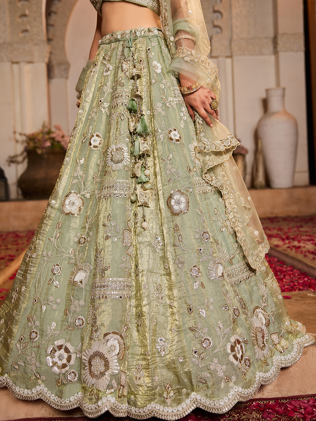 Lime Green Tissue Fabric Sequins embroidery Lehenga