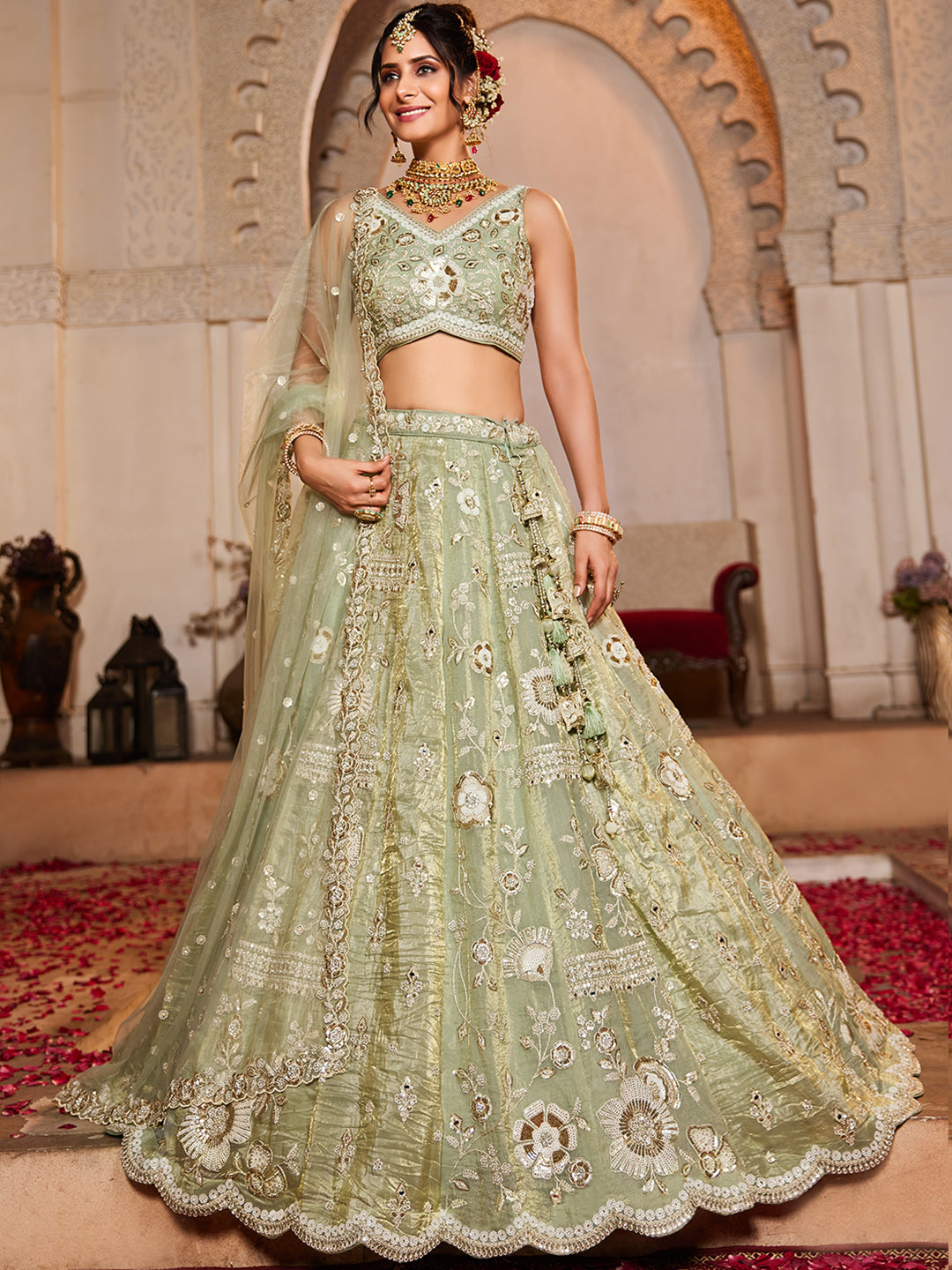 Lime Green Tissue Fabric Sequins embroidery Lehenga