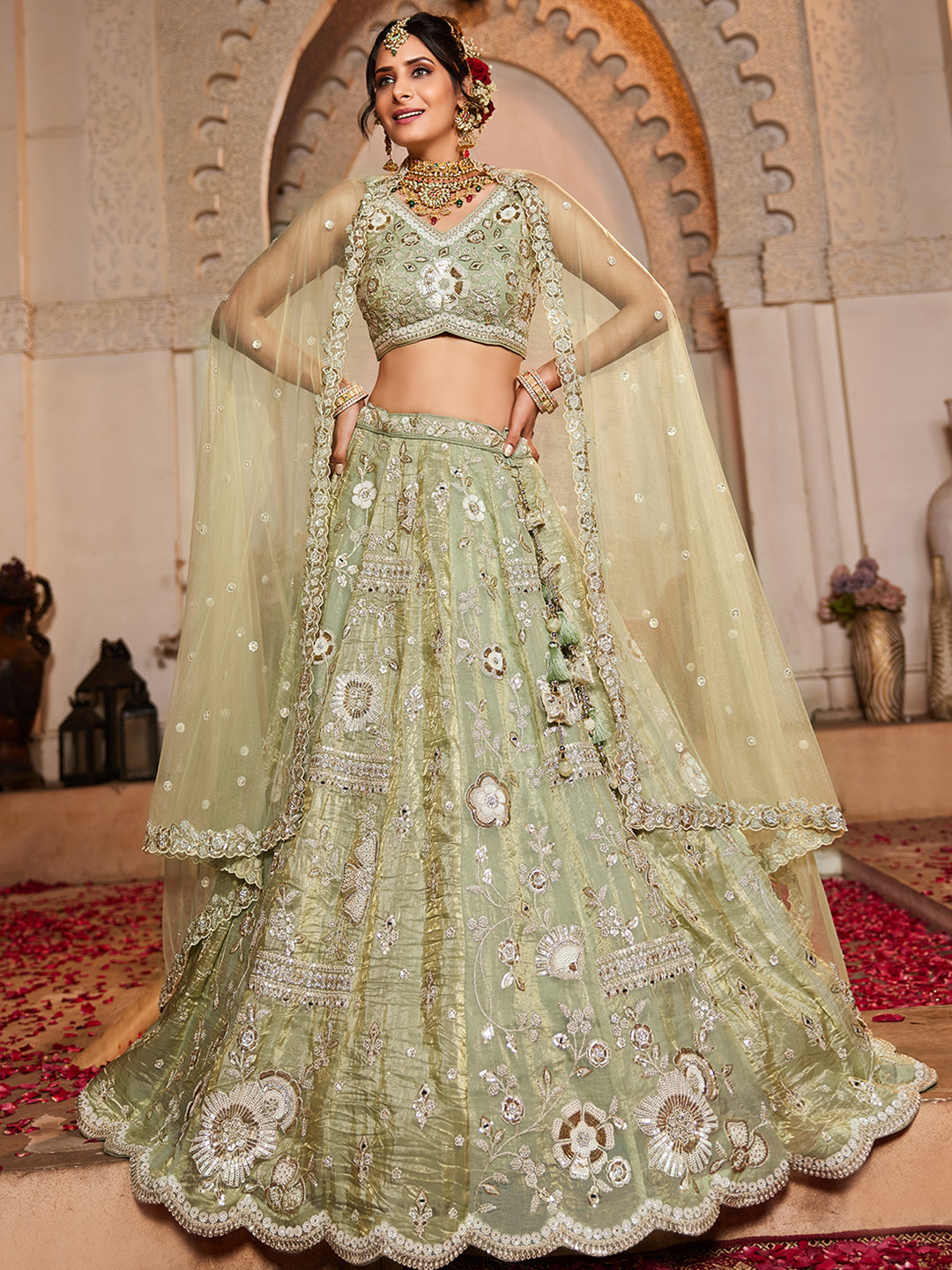 Lime Green Tissue Fabric Sequins embroidery Lehenga