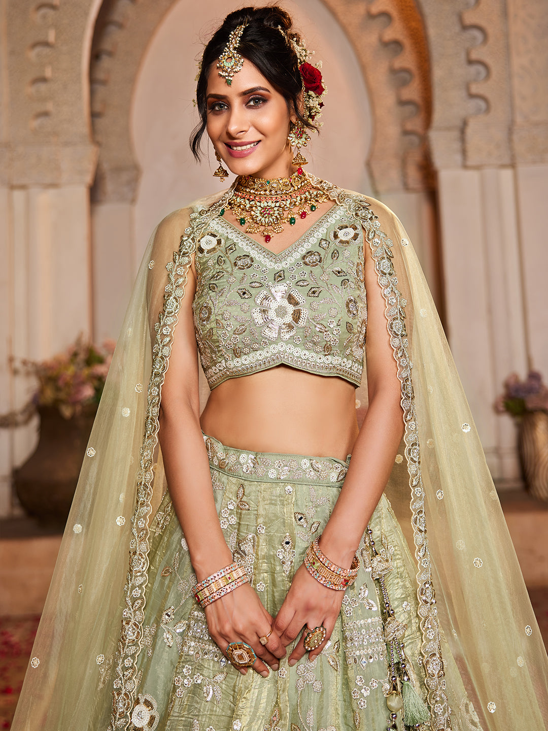 Lime Green Tissue Fabric Sequins embroidery Lehenga