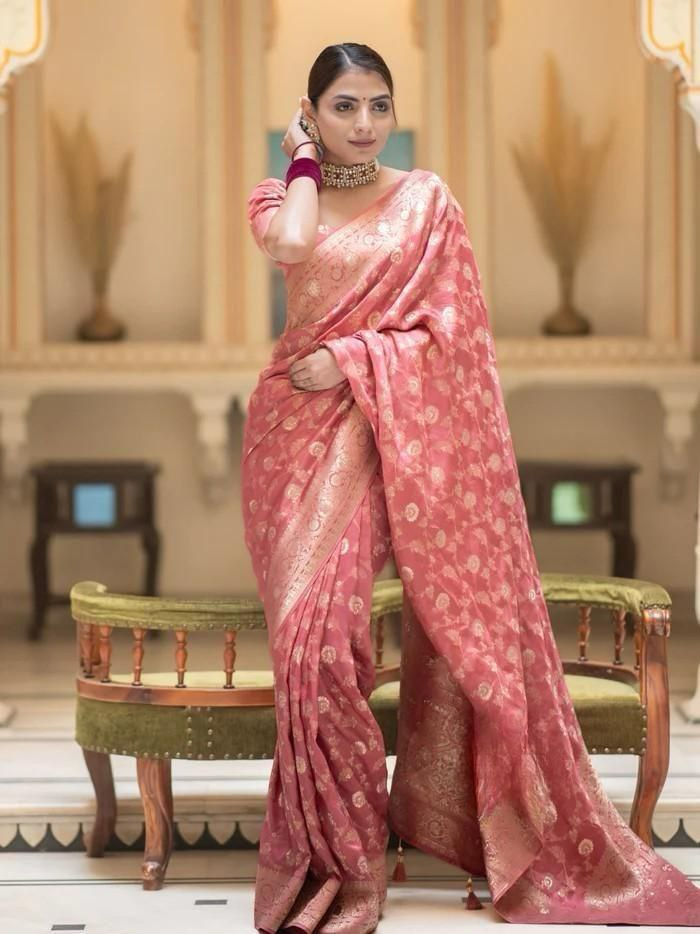 Peach Orange Jacquard Work Saree
