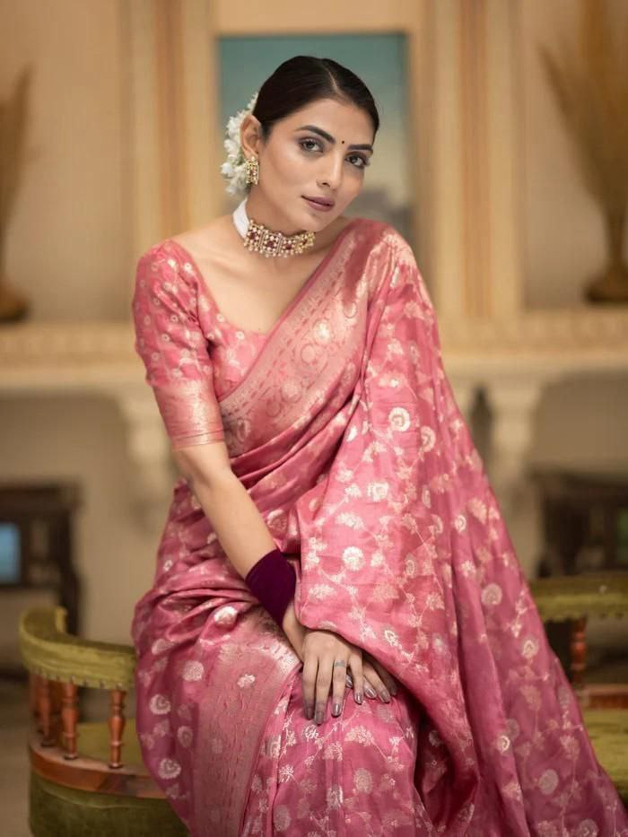 Peach Orange Jacquard Work Saree