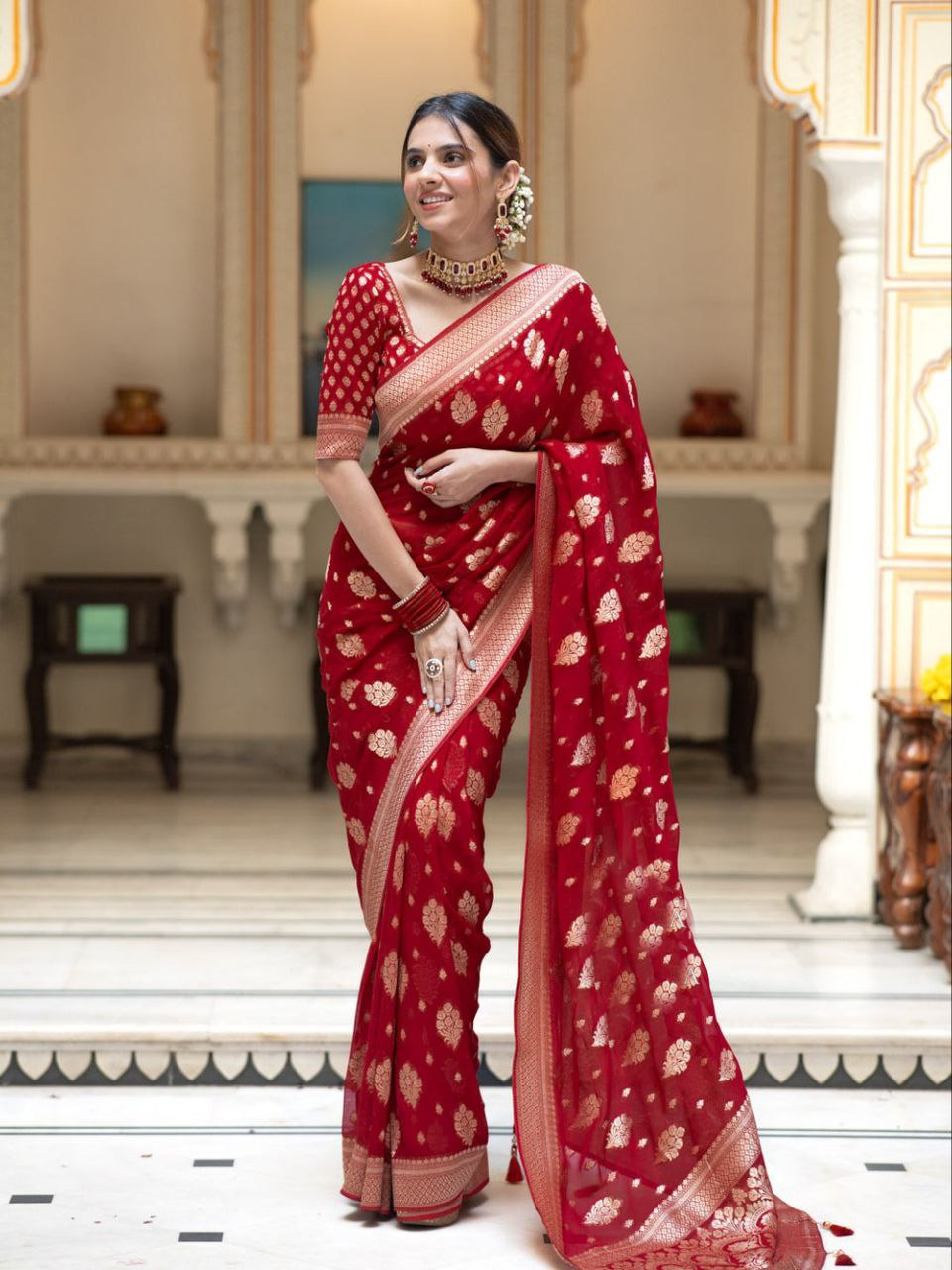 Red Jacquard Work Saree