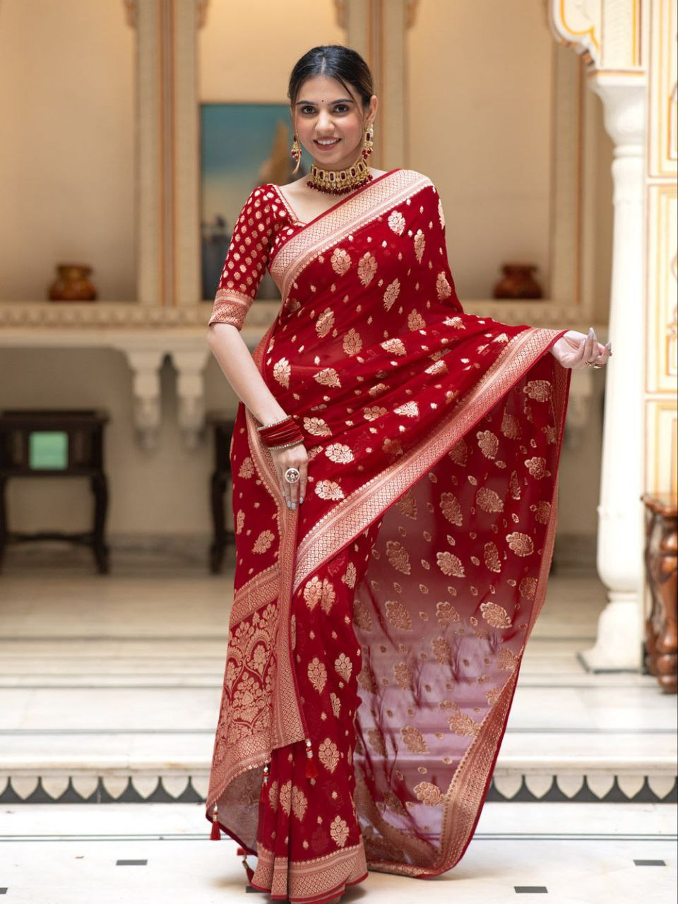 Red Jacquard Work Saree