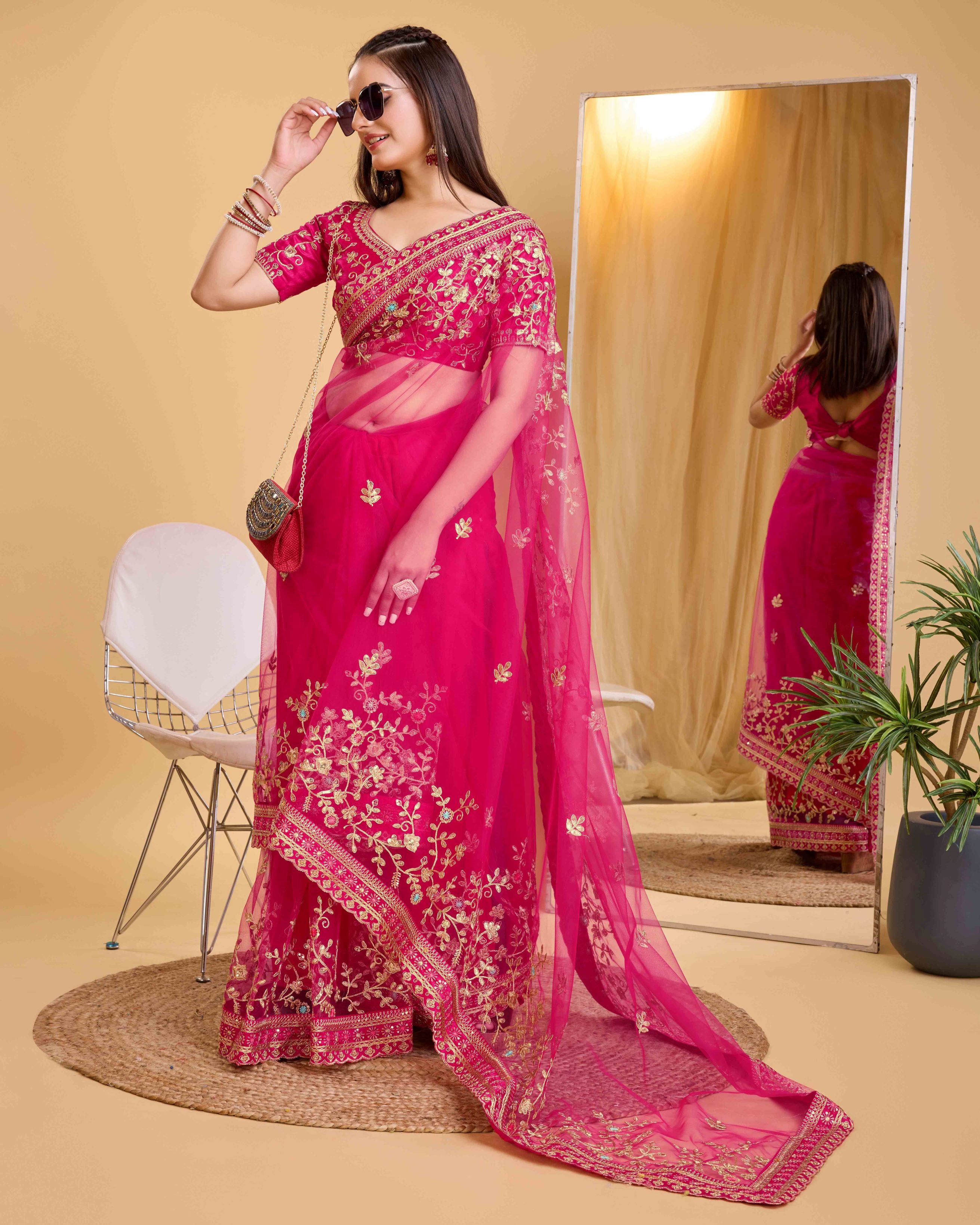 Dark Pink Embroidered Work Saree