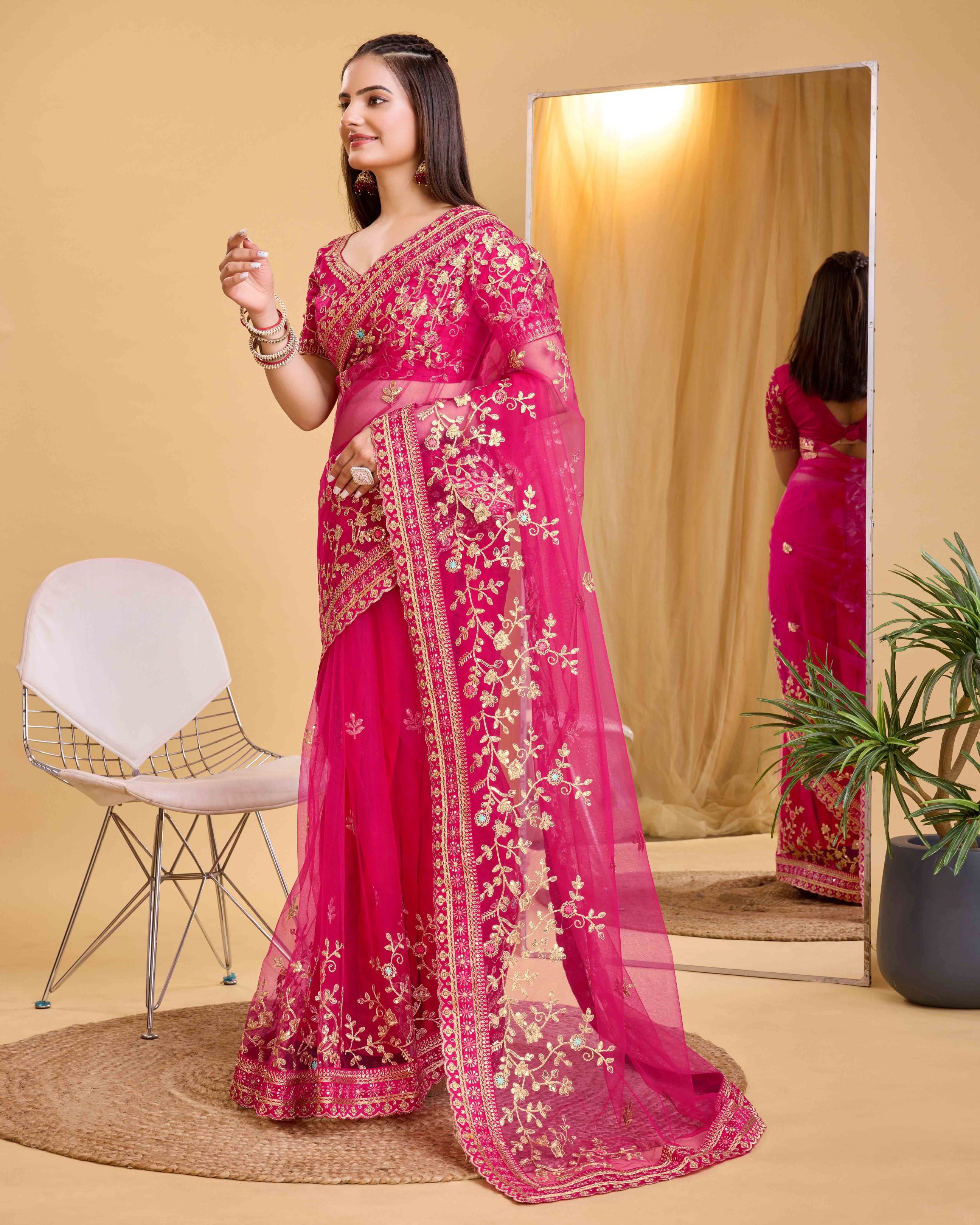 Dark Pink Embroidered Work Saree