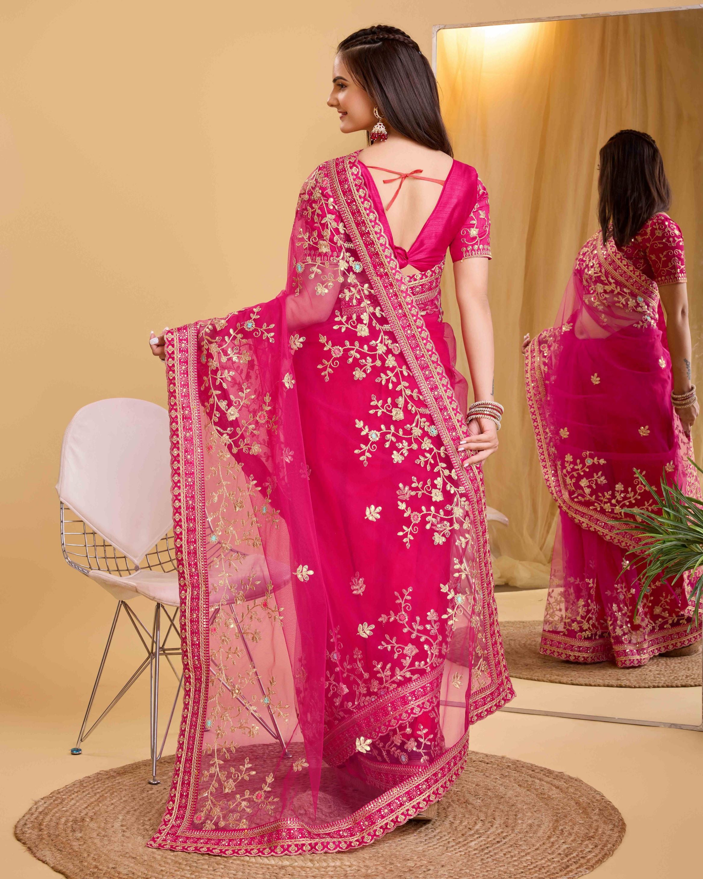 Dark Pink Embroidered Work Saree
